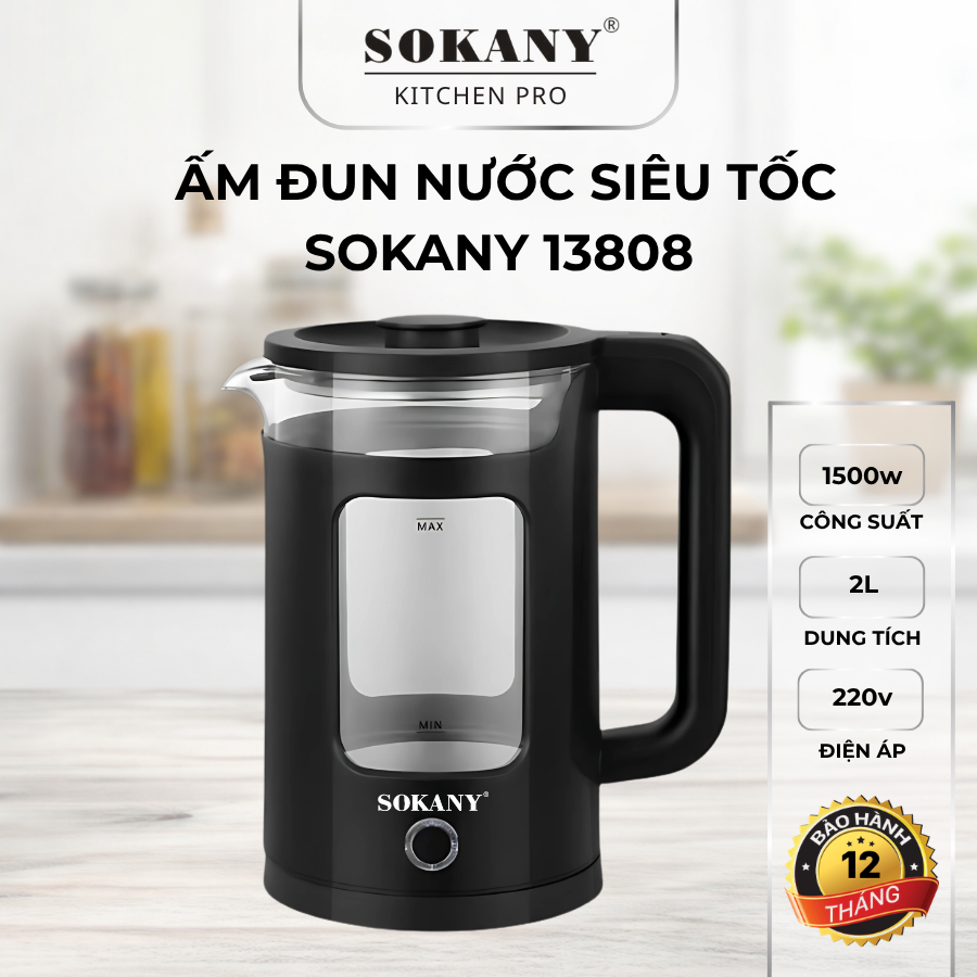 Ấm đun nước siêu tốc Sokany 13808 1500w dung tích 2l bình đun siêu tốc dây nguồn dài 70cm