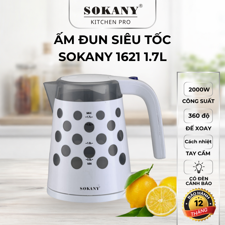 Ấm Đun Nước Siêu Tốc SOKANY 1621 1.7L Màn Lọc Chốn Cặn Thông Minh