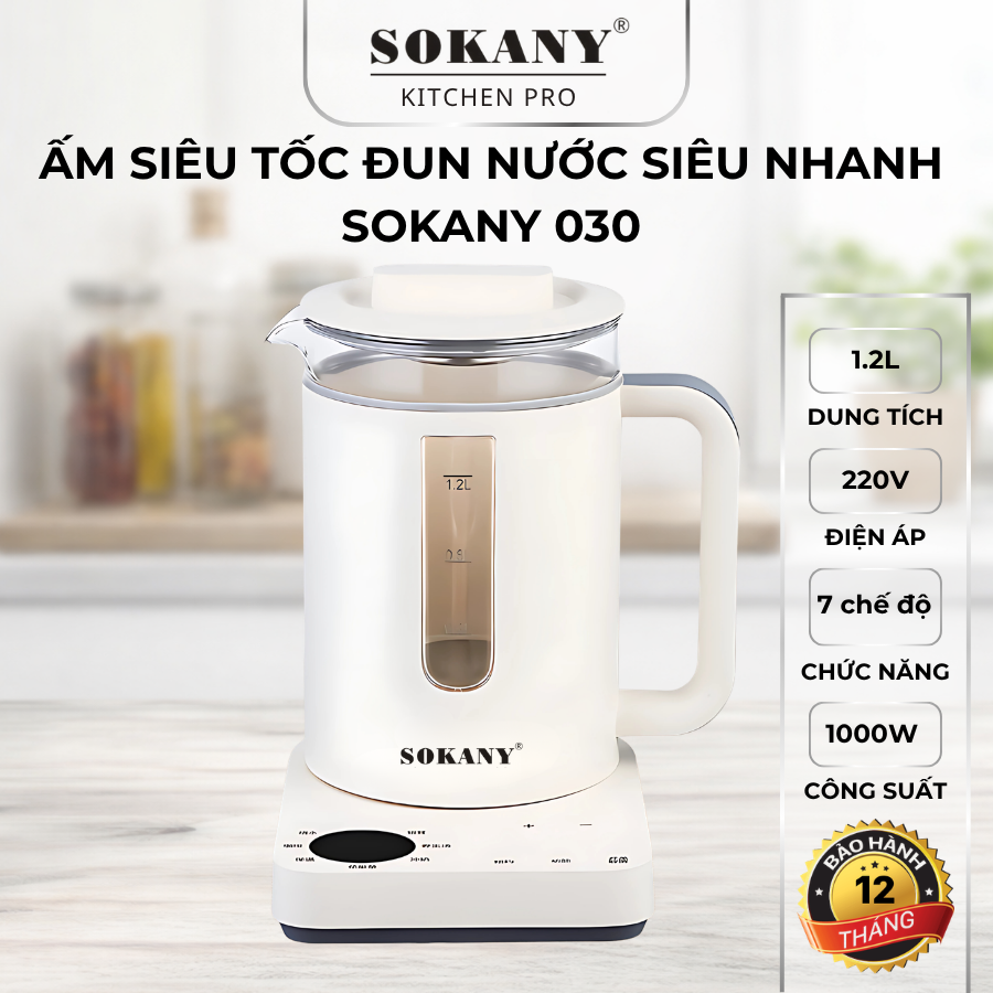 Ấm siêu tốc Sokany 030 ấm đun giữ nhiệt đa năng ấm pha trà bình đun siêu tốc chất liệu thủy tinh