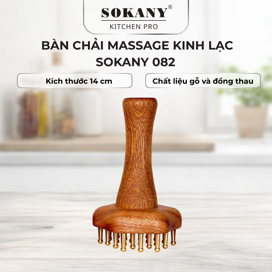 Bàn chải massage Sokany 082 đồng thau dụng cụ massage kinh lạc 24 răng cán gỗ cao cấp