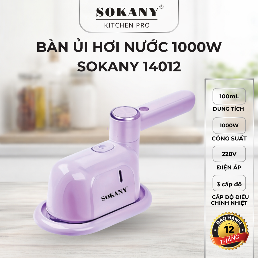 Bàn Ủi Hơi Nước Màn Hình LED Tay Cầm Xoay 1000W SOKANY SKN-14012 Nhỏ Gọn Mặt Bàn Gốm Phủ Men