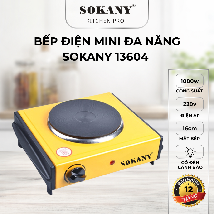 Bếp điện mini đa năng Sokany 13604 1000w mặt phẳng bếp điện mini không kén nồi dễ vệ sinh