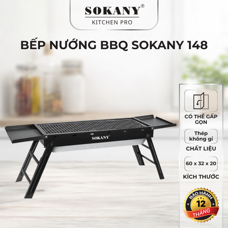 Bếp nướng bbq có thể gấp gọn SOKANY 148 lò nướng thịt than ngoài trời inox dạng kéo 89x32cm