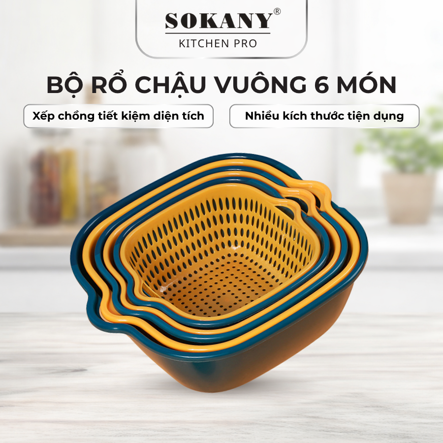 Bộ Rổ Chậu Vuông 6 Món Nhựa Dày Dặn Set 6 Thau Rổ Vuông Có Tay Cầm Tiện Dụng