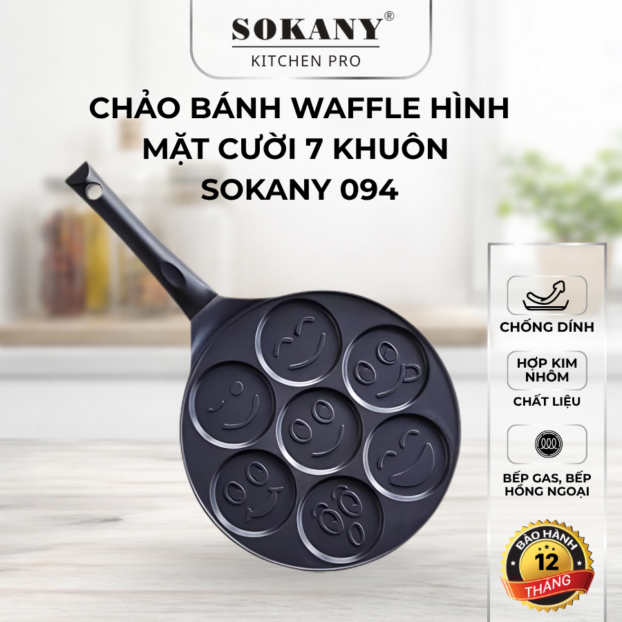 Chảo chống dính làm bánh waffle hình mặt cười Sokany 094 22cm dùng cho bếp gas và bếp điện