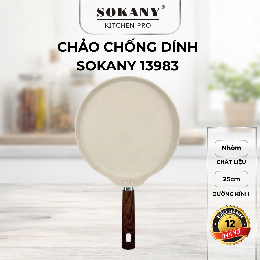 Chảo chống dính làm bánh xèo chiên trứng Sokany 13983 thích hợp cho mọi loại bếp cán gỗ cách nhiệt