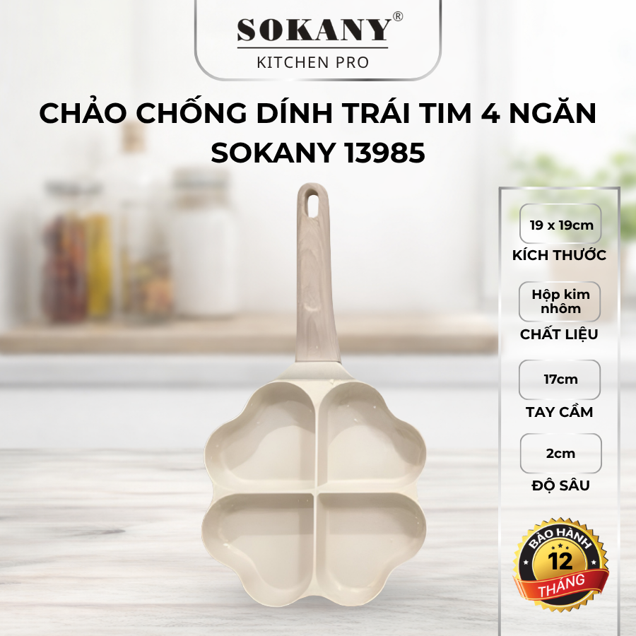 Chảo chống dính trái tim 4 ngăn chảo chiên rán đa năng 4 khuôn tiện dụng Sokany 13985