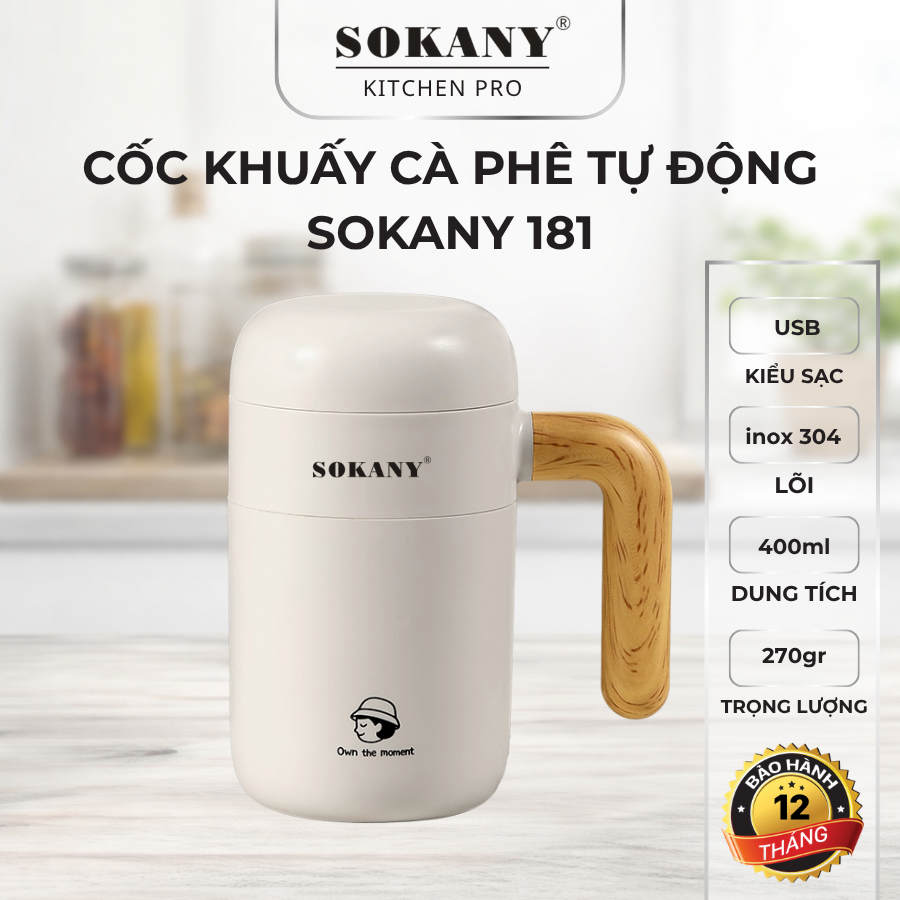 Cốc khuấy cà phê tự động 400ml sạc pin Sokany 181 inox 304 an toàn
