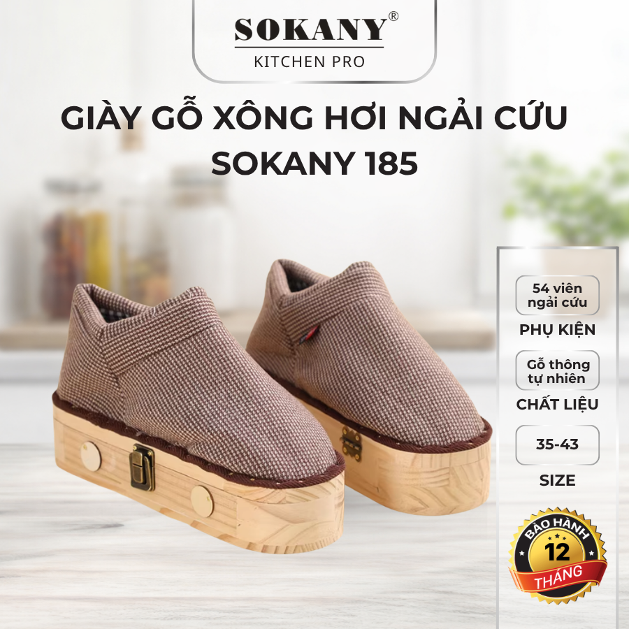 Giày gỗ xông hơi ngải cứu Sokany 185 gỗ thông cao cấp kèm 54 viên ngải cứu cô đặc