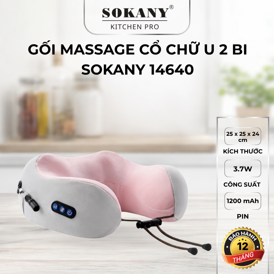 Gối massage cổ chữ u 2 bi Sokany 14640 máy massage cổ vai gáy dạng gối đeo cổ thoáng khí