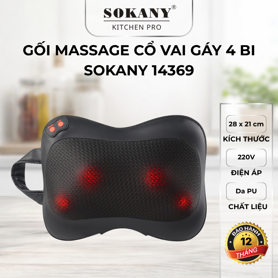 Gối massage cổ vai gáy 4 bi gối massage nhiệt hồng ngoại cao cấp hỗ trợ giảm nhức mỏi Sokany 14639