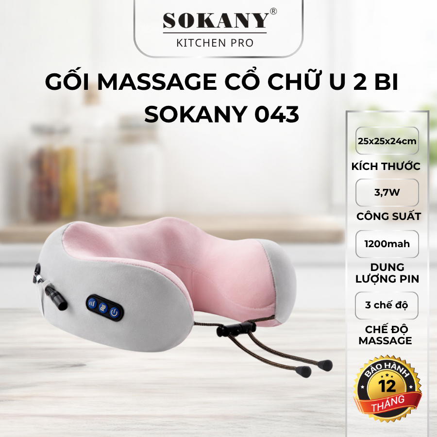 Gối massage cổ vai gáy chữ u 2 bi máy massage cổ hồng ngoại sạc pin giảm đau mỏi đốt sống Sokany 043