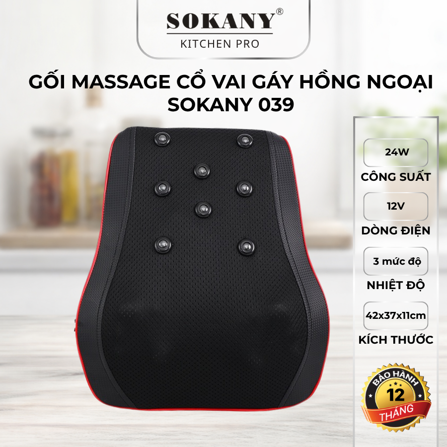 Gối massage cổ vai gáy đa năng cao cấp gối massage tựa lưng hồng ngoại Sokany 039
