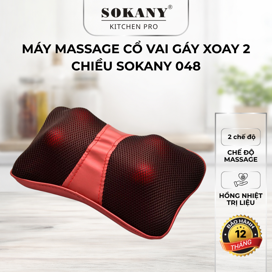 Gối massage cổ vai gáy hồng ngoại 4 bi máy massage cổ vai gáy xoay 2 chiều hồng ngoại Sokany 048