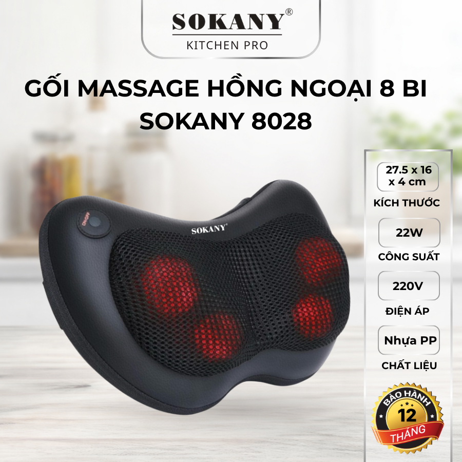 Gối massage cổ vai gáy hồng ngoại 8 bi Sokany 8028 máy massage dạng gối massage đảo chiều