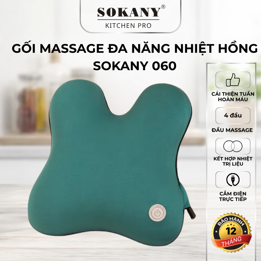 Gối massage đa năng nhiệt hồng ngoại Sokany 060 máy massage 4 đầu xoay cổ vai gáy thắt lưng thư giãn