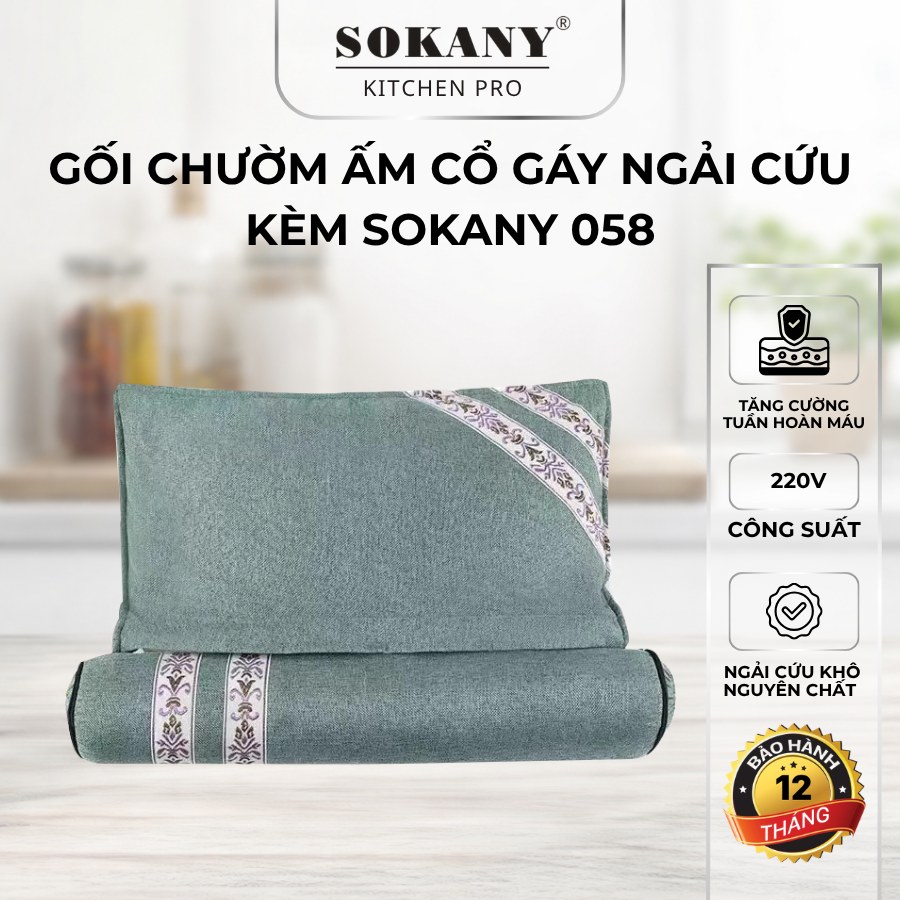 Gối ngải cứu chườm nóng Sokany 058 gối thảo dược kê cổ chườm ấm vai gáy kèm bơm và điều khiển