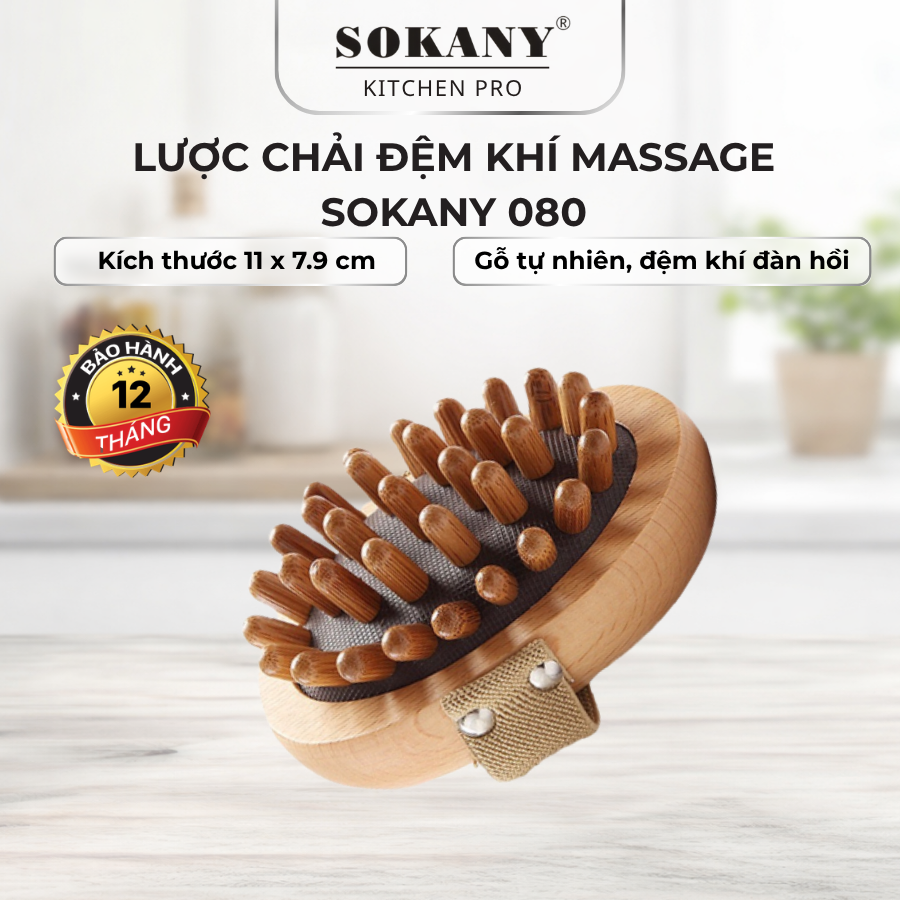 Lược chải đệm khí massage bằng gỗ bàn chải đầu gỗ lược massage chống tĩnh điện giảm mỡ Sokany 080