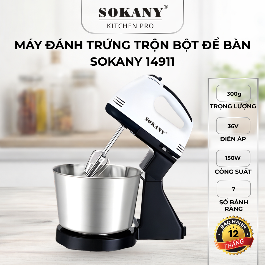 Máy đánh trứng trộn bột để bàn Sokany 14911 máy trộn bột đánh kem cầm tay 7 mức điều chỉnh cao cấp
