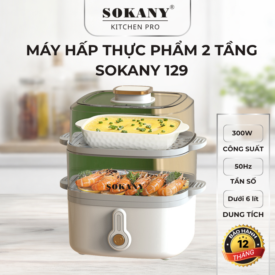 Máy hấp thực phẩm 2 tầng đa năng SOKANY 129 nồi giữ nhiệt gốm không gây ồn công suất 300W