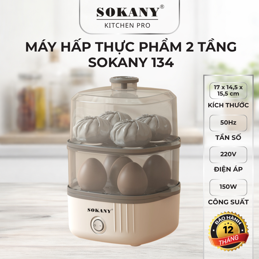 Máy hấp thực phẩm 2 tầng đa năng SOKANY 134 150W máy hấp thực phẩm tiết kiệm điện 2 tầng