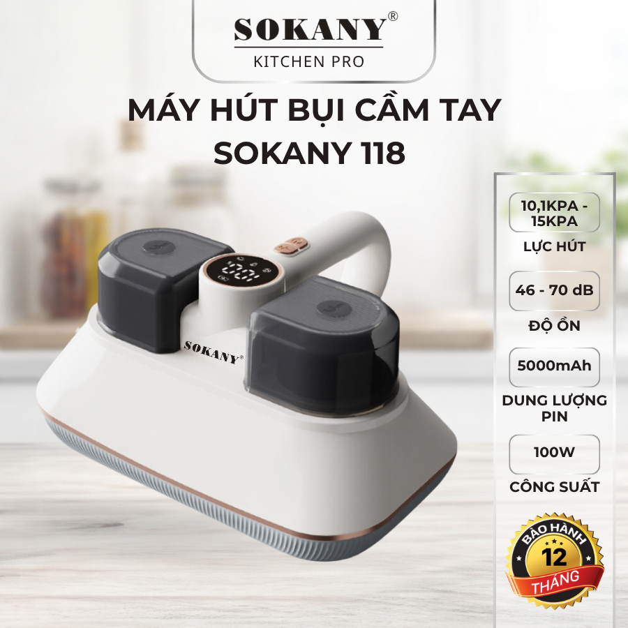 Máy hút bụi giường nệm sạc pin SOKANY 118 màn hình LED 100W độ ồn thấp tích hợp diệt khuẩn bằng UV