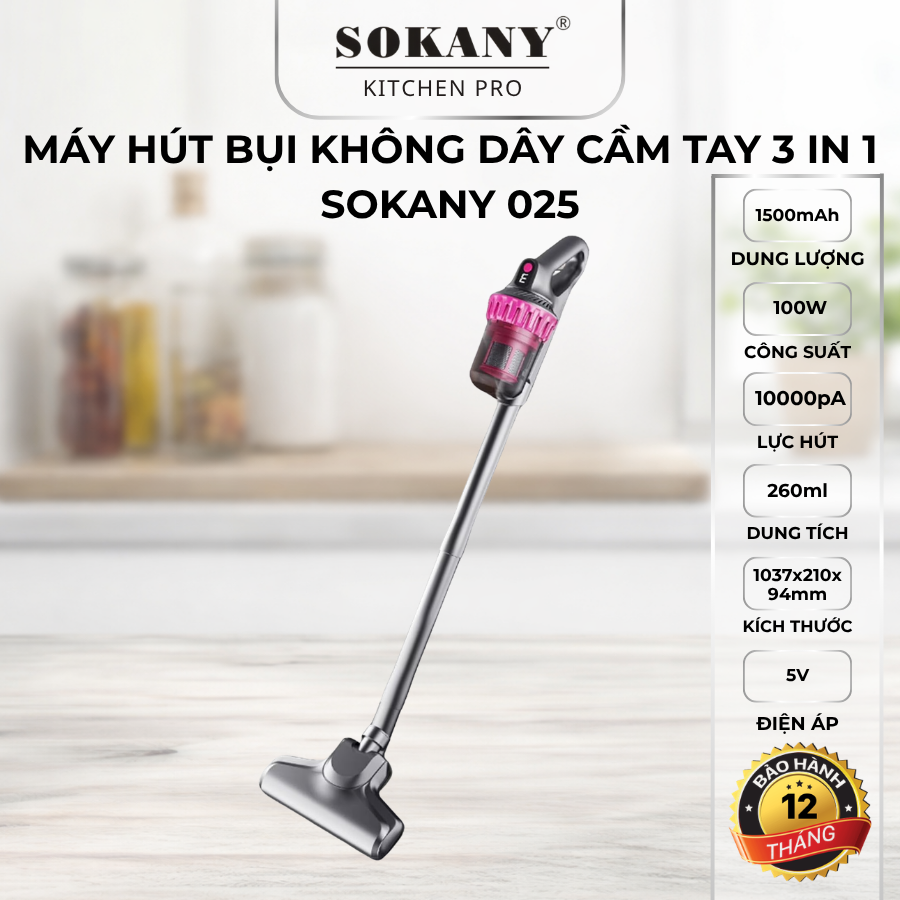 Máy hút bụi không dây cầm tay 3 in 1 Sokany 025 công suất 100W lực hút 10.000 Pa
