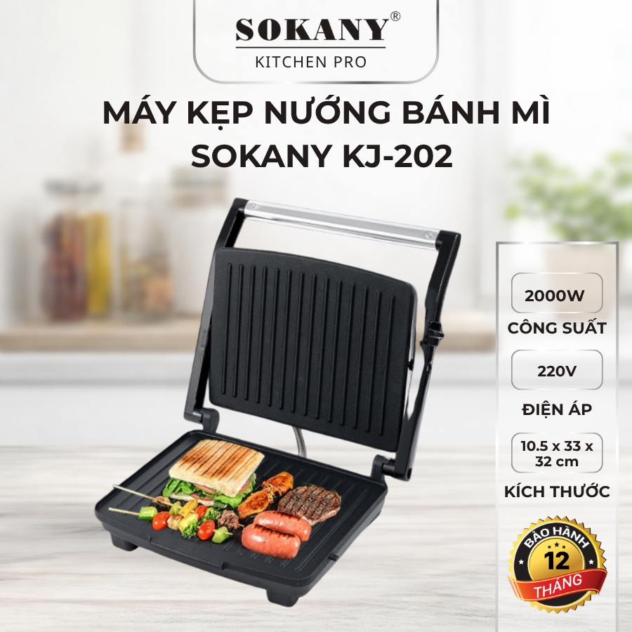 Máy kẹp nướng bánh mì Sokany KJ-202 máy kẹp nướng BBQ đa năng 2000W 