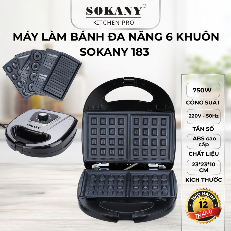 Máy làm bánh đa năng 6 khuôn Sokany 183 750W chỉnh nhiệt độ máy làm bánh 6in1