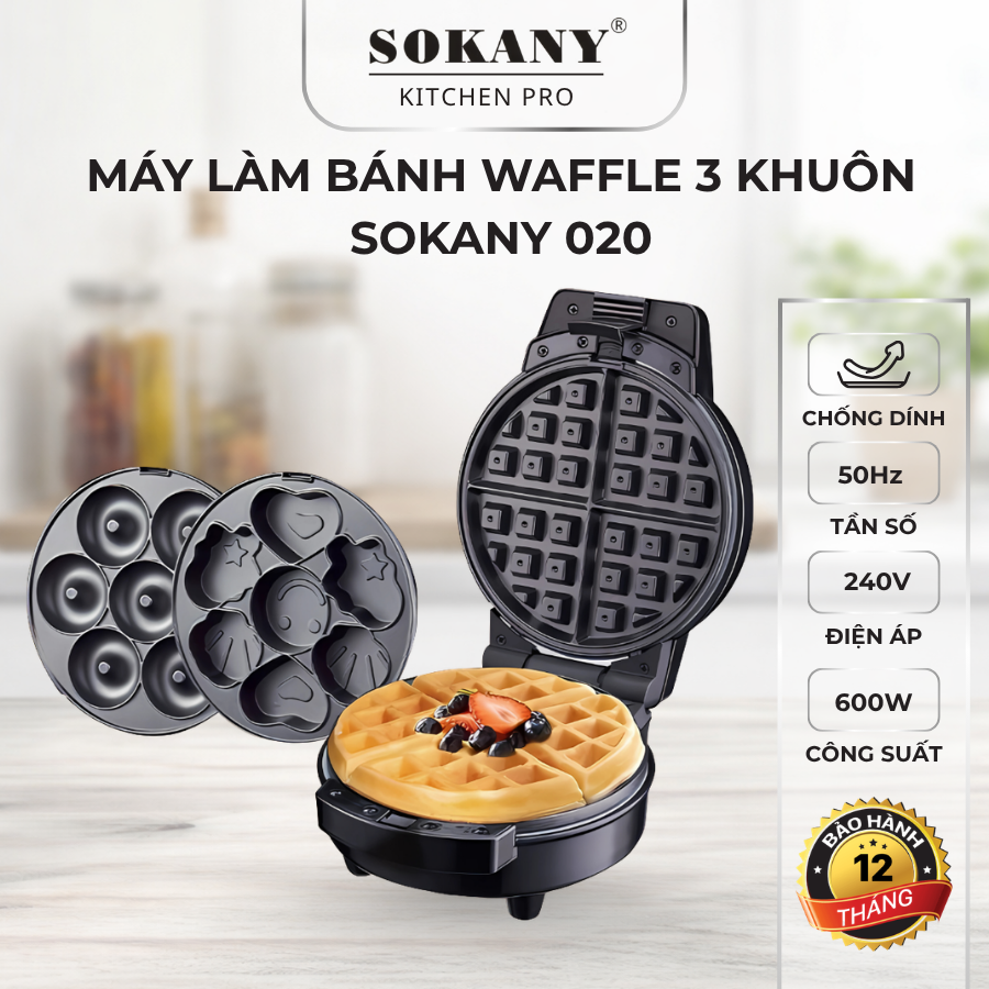 Máy làm bánh đa năng waffle 3 khuôn Sokany 020 máy bánh donut 3in1 600W chính hãng