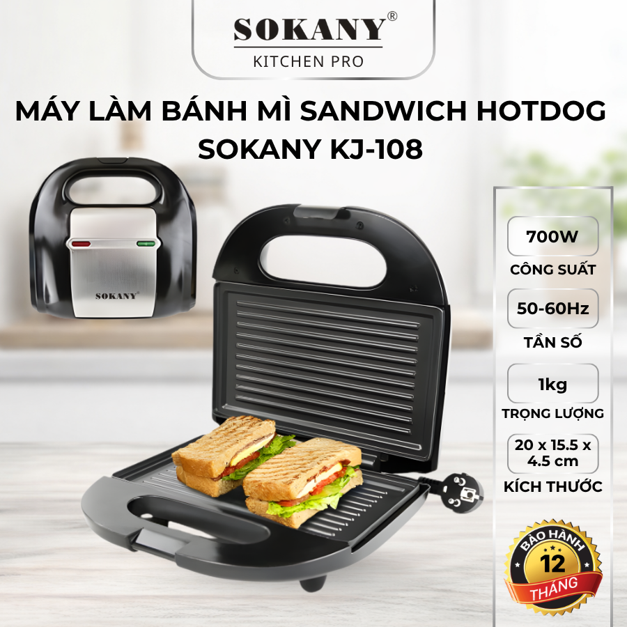 Máy Làm Bánh Mì Sandwich Hotdog SOKANY KJ-108 Khuôn Ngang 700W