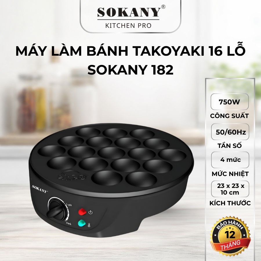 Máy làm bánh Takoyaki 16 lỗ chống dính điều chỉnh nhiệt độ Sokany 182 750W