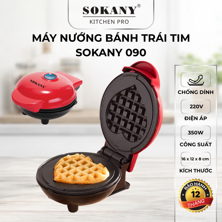 Máy làm bánh Waffle hình trái tim Sokany 090 máy nướng bánh mini khuôn chống dính