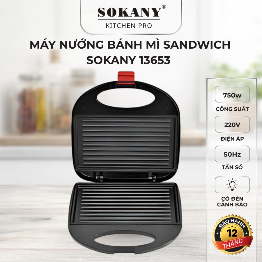 Máy nướng bánh mì sandwich Sokany 13653 750w máy nướng bánh đa năng khuông ngang cao cấp