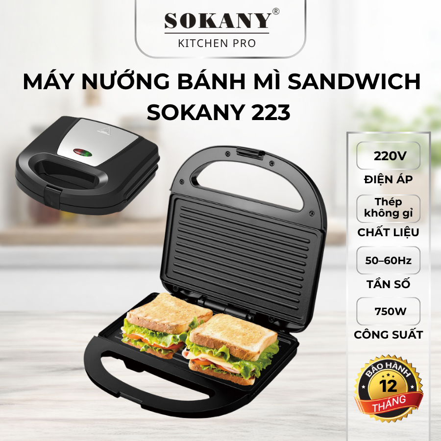 Máy nướng bánh mì Sandwich Sokany 223 máy kẹp nướng bánh mì đa năng Sokany 750W