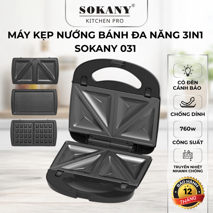 Máy nướng bánh mì sandwich waffle 3 khuôn 760W Sokany 031 dễ tháo rời vệ sinh