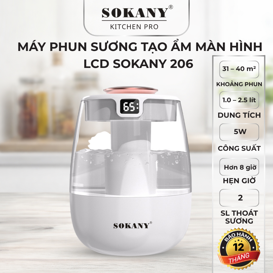Máy phun sương tạo ẩm màn hình LCD máy tạo độ ẩm phun kép Sokany 206 5W