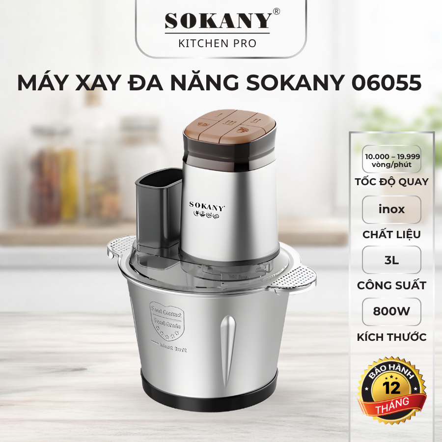 Máy xay đa năng Sokany SK-06055 3L máy xay thịt 800W inox cao cấp