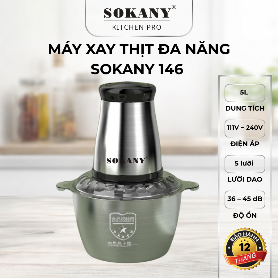 Máy xay thịt chế biến thực phẩm đa năng SOKANY 146 5L máy xay thịt êm ái 5 lưỡi sắc bén