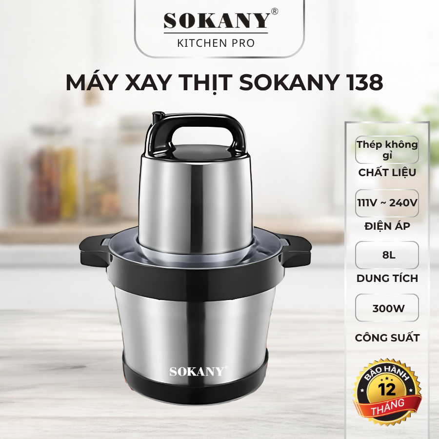 Máy xay thịt đa năng SOKANY 138 cối inox 8L 300W 2 lưỡi xay đế chống rung