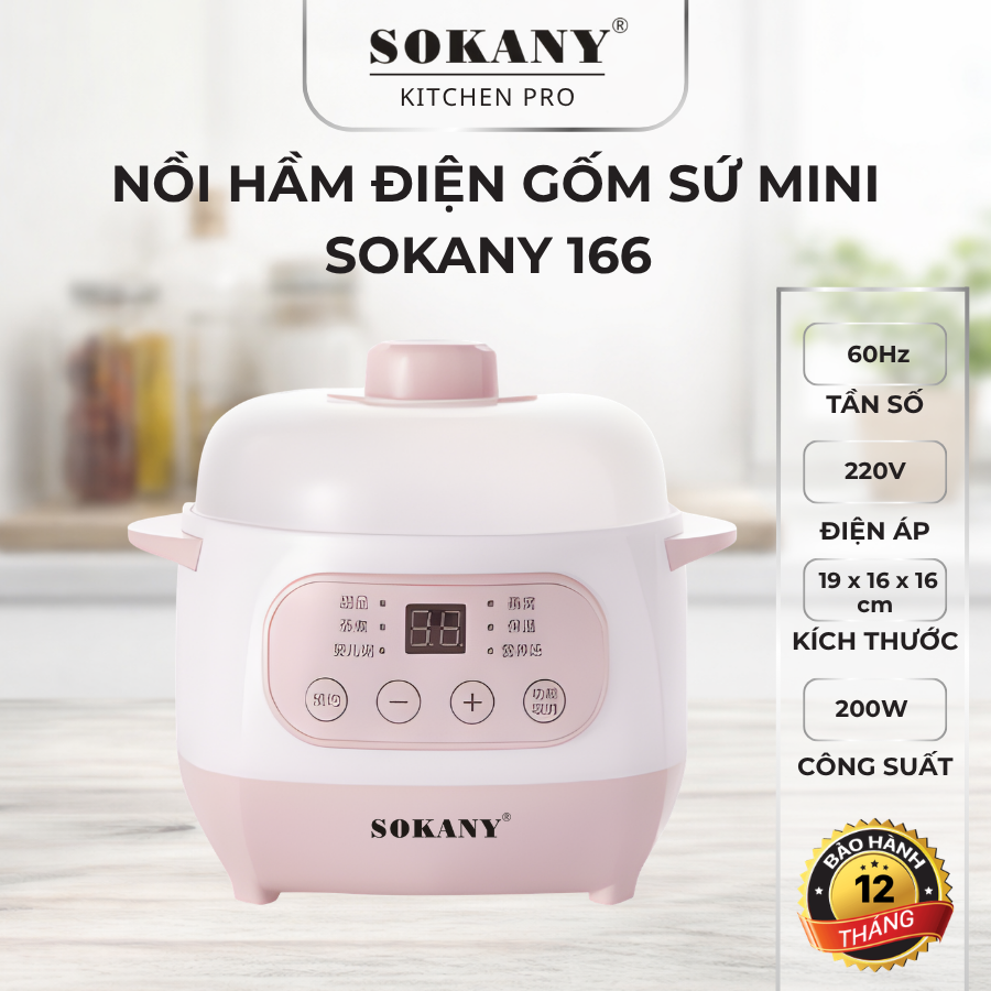 Nồi hầm điện gốm sứ mini SOKANY 166 200W nồi nấu cháo chậm gốm sứ giữ nhiệt an toàn