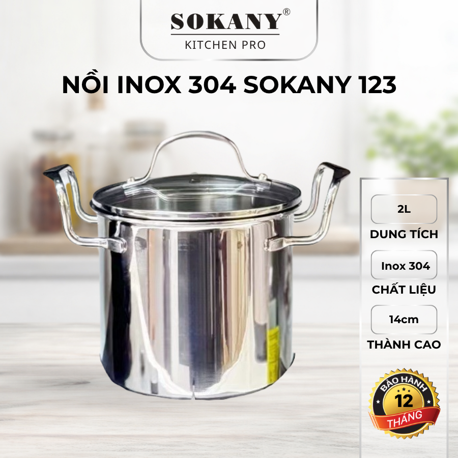 Nồi inox 304 thành cao 14cm SOKANY 123 nồi nấu cháo chiên ngập dầu 3 lớp đáy liền nguyên khối