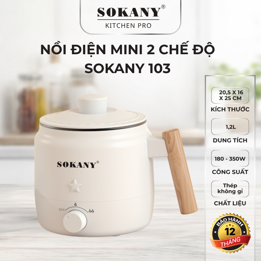 Nồi lẩu điện mini 1.2L nồi nấu mì nồi điện mini đa năng 350W Sokany 103 2 chế độ nhiệt cao cấp