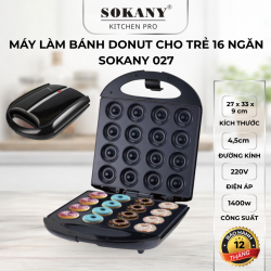 Máy làm bánh donut mini khuôn 16 bánh Sokany 027 máy làm bánh donut 2 mặt 1400w cao cấp chống dính