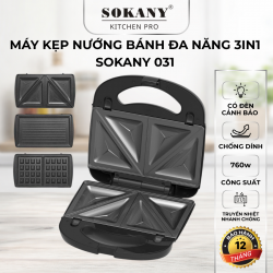 Máy nướng bánh mì sandwich waffle 3 khuôn 760W Sokany 031 dễ tháo rời vệ sinh