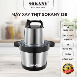 Máy xay thịt đa năng SOKANY 138 cối inox 8L 300W 2 lưỡi xay đế chống rung